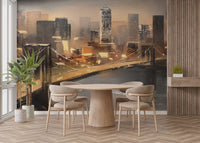 Oil-painted New York skyline with bridge and river view.