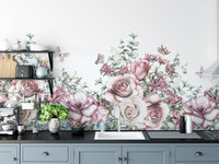 Vintage floral wallpaper featuring roses and butterflies.