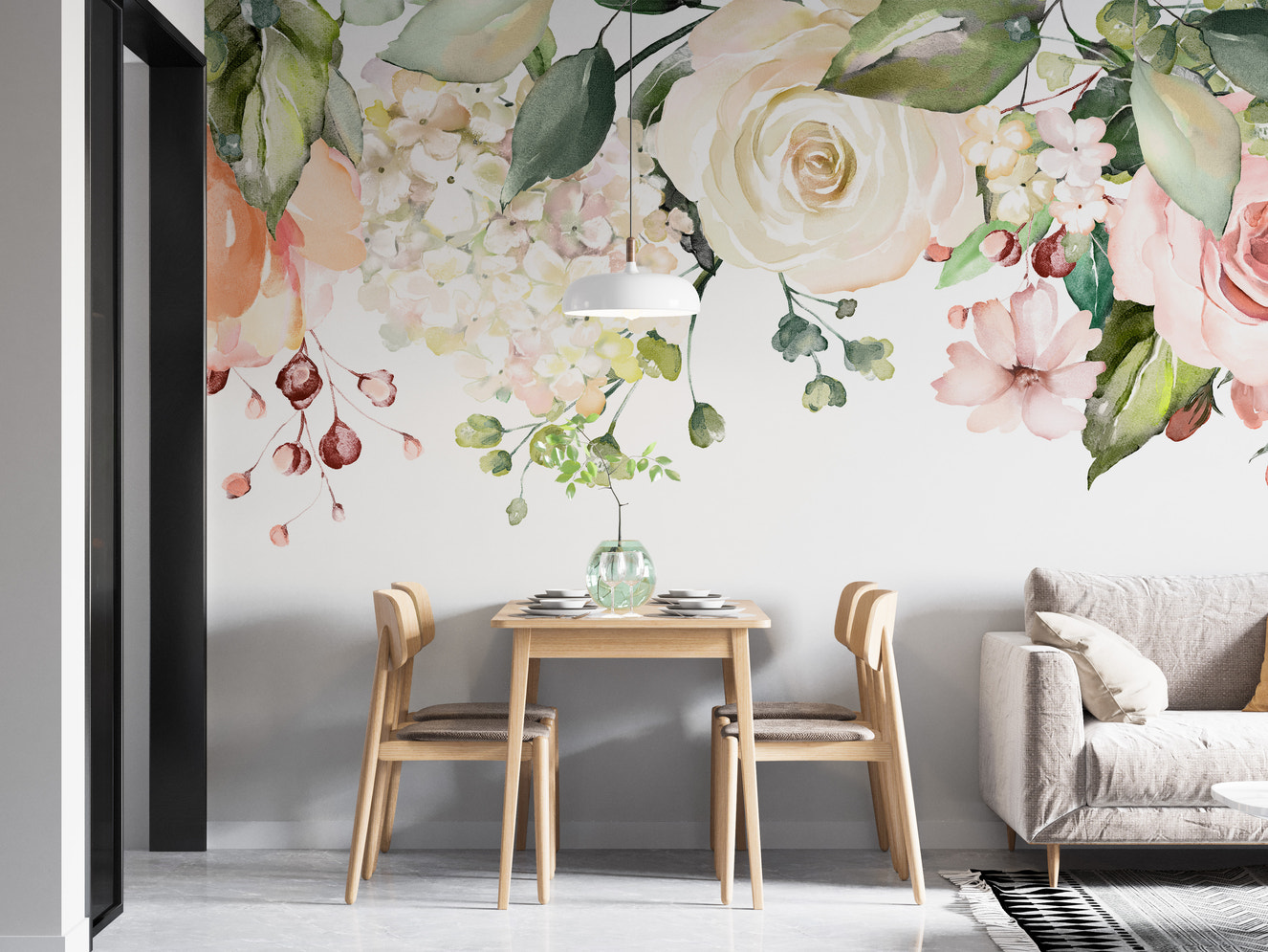 Elegant watercolor pink flowers with lush green leaves.