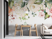 Elegant watercolor pink flowers with lush green leaves.