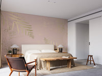 Abstract pink and gold wallpaper mural with leaf design.