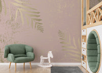 Beige leaves on pink background for chic wallpaper mural.