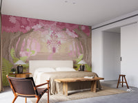 Pink forest wallpaper with a magical castle