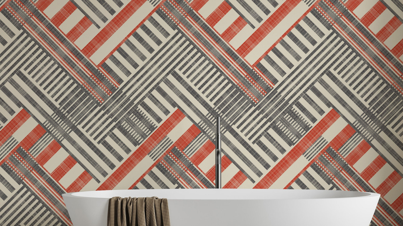 Striped geometric wallpaper with retro colors and patterns.