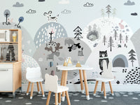 Playful woodland creatures on hills wallpaper mural.