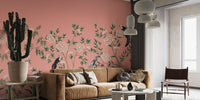 Vintage chinoiserie floral wallpaper mural with birds and roses.