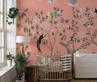 Detailed chinoiserie floral wallpaper for an artistic touch.