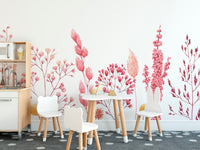 Dried flower wallpaper mural in pastel watercolor tones.