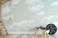High-angle view of a contemporary bedroom with the full cloud mural applied.