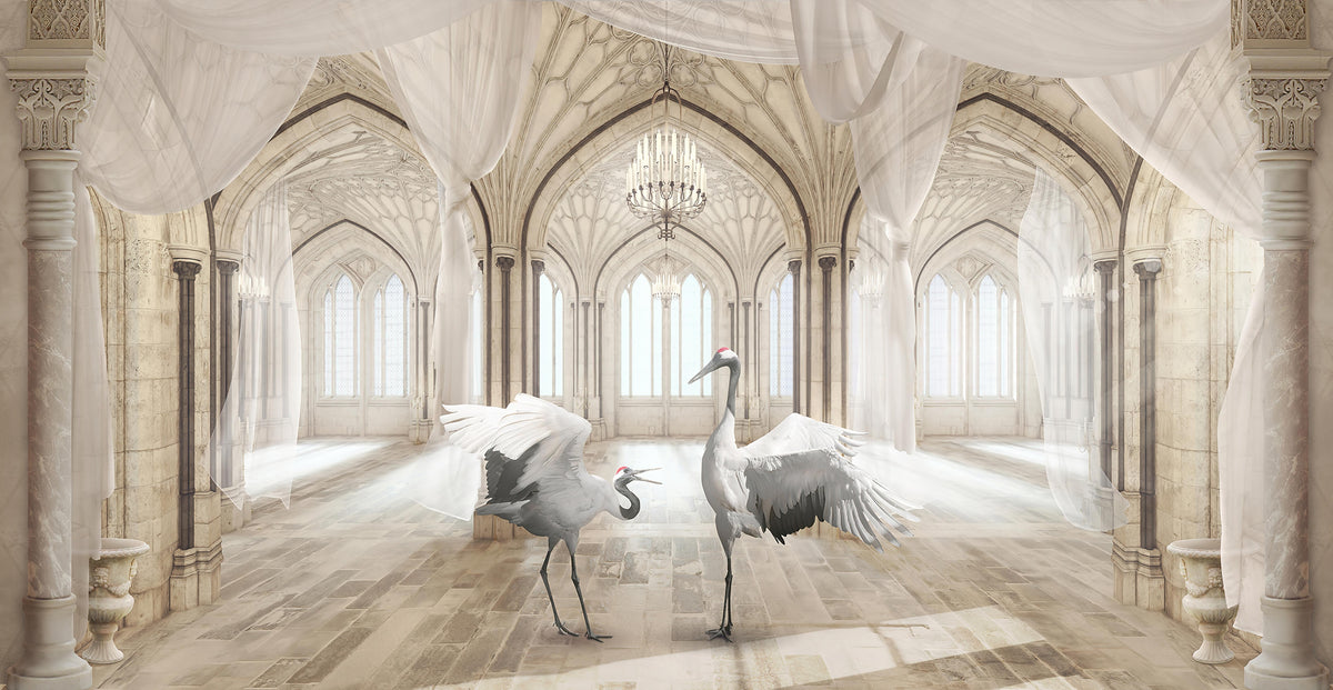 Ethereal Gothic Palace Crane Mural in your room — zoomed