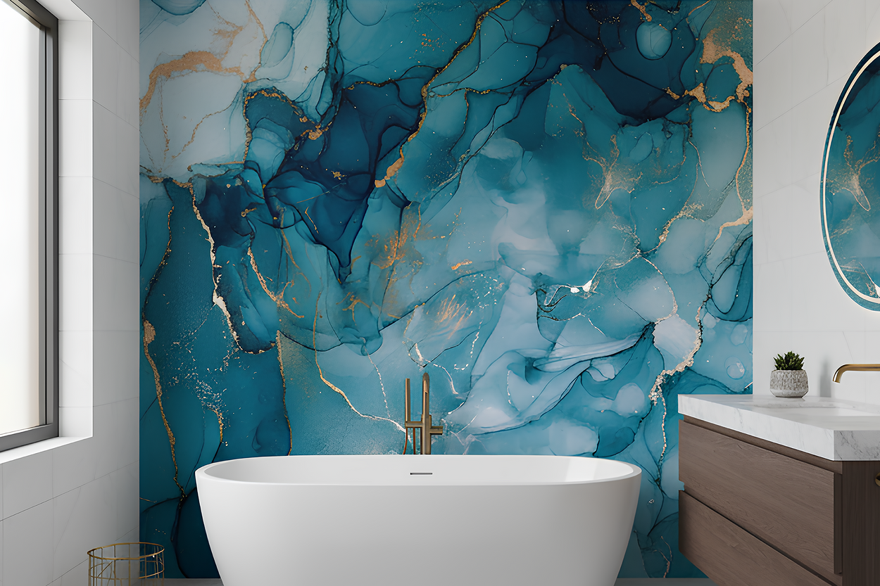 Modern bathroom with a freestanding bathtub, sink, and abstract blue wall art.