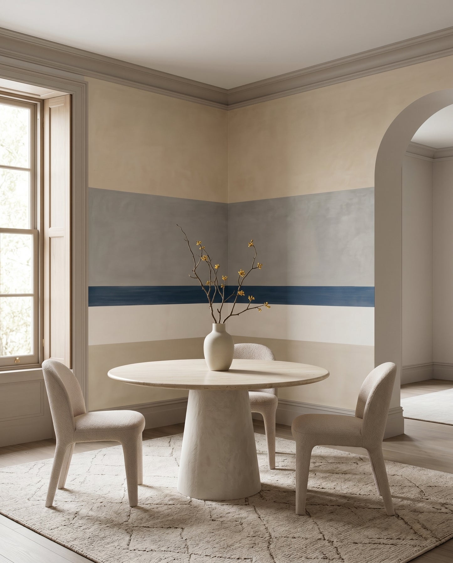 Quiet horizontal stripes guide a Living  room around the Agnes Balance wall mural.