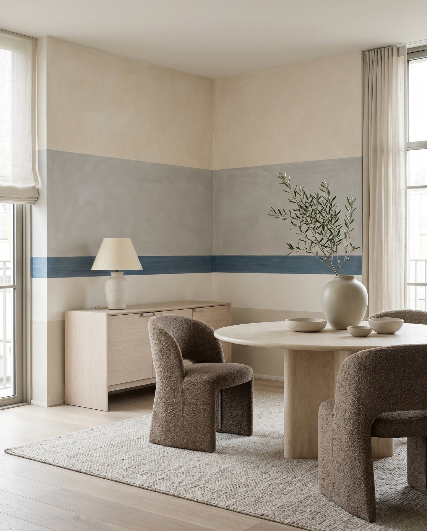 Four beige and grey bands set a Dining room backdrop in the Agnes Balance wall mural.