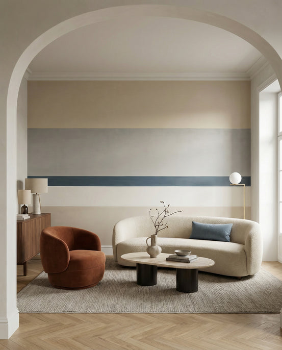 Beige and grey horizontal bands give a living room the Agnes Balance wall mural backdrop.