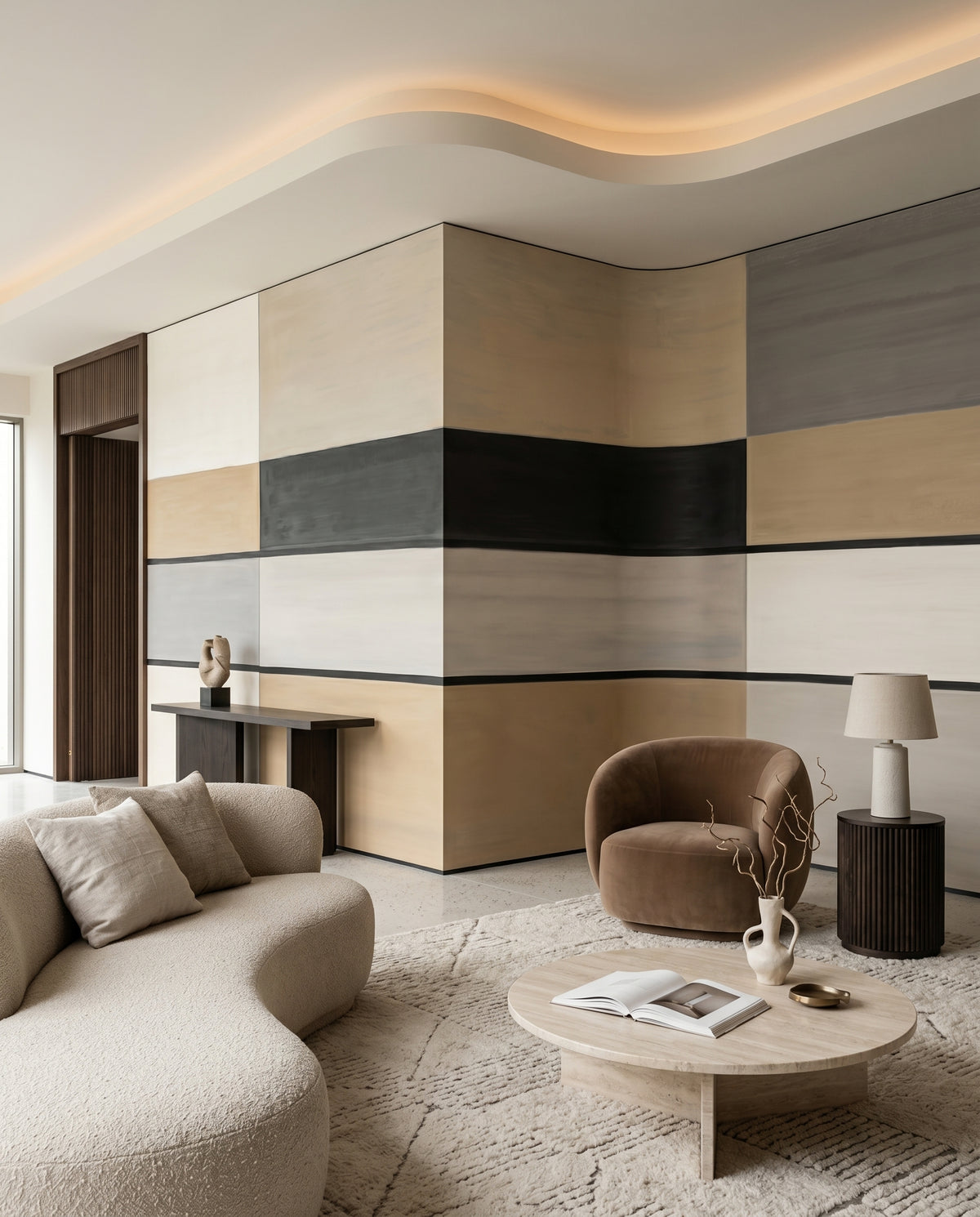 Living room set against the Agnes Field horizontal stripe wall mural in warm neutrals.