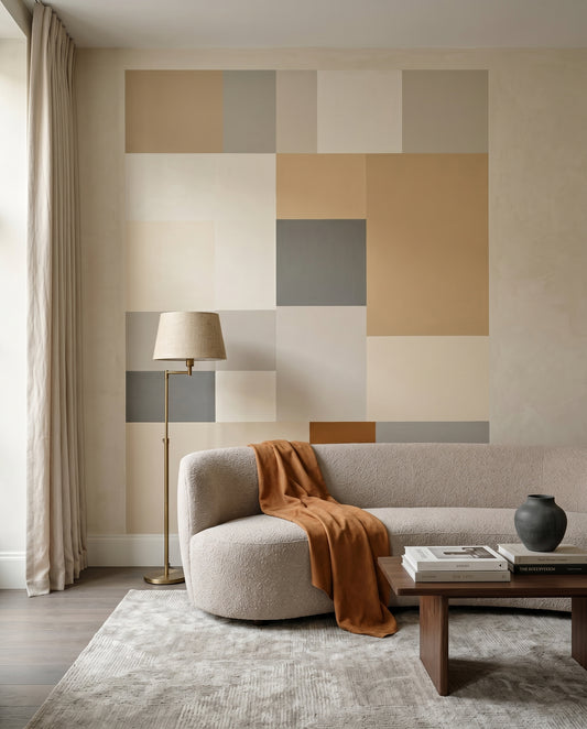 Agnes Plane wall mural lifts a living room with calm neutral block layout.