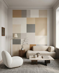 Modular squares fill the lounge feature with an Agnes Plane wall mural in muted tones
