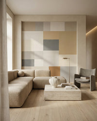Quiet neutrals sit behind the Living room with an Agnes Plane wall mural backdrop.