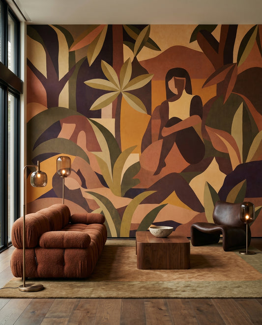 Seated figures and curling leaves fill a living room behind the Amber Bloom wall mural.