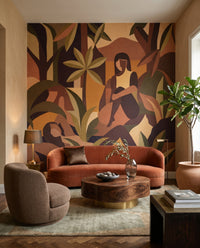 A Living room reads tropical thanks to the Amber Bloom wall mural overhead.