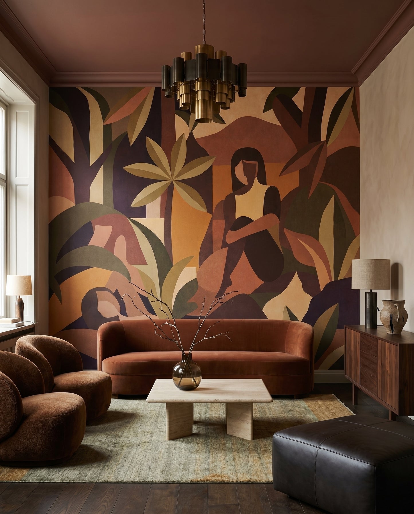 Ochre, olive and rust hues sit together across this figurative wall mural in a Hallway.