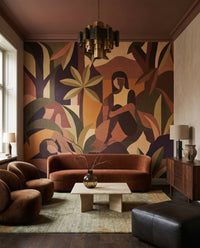 Ochre, olive and rust hues sit together across this figurative wall mural in a Hallway.