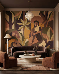 Painted jungle motifs spread evenly through the Amber Bloom wall mural in a lounge.