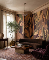 A living room takes on burnt clay shades through the Amber Muse wall mural.