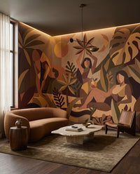 Living room gains an ochre and clay backdrop from this figurative wall mural piece.