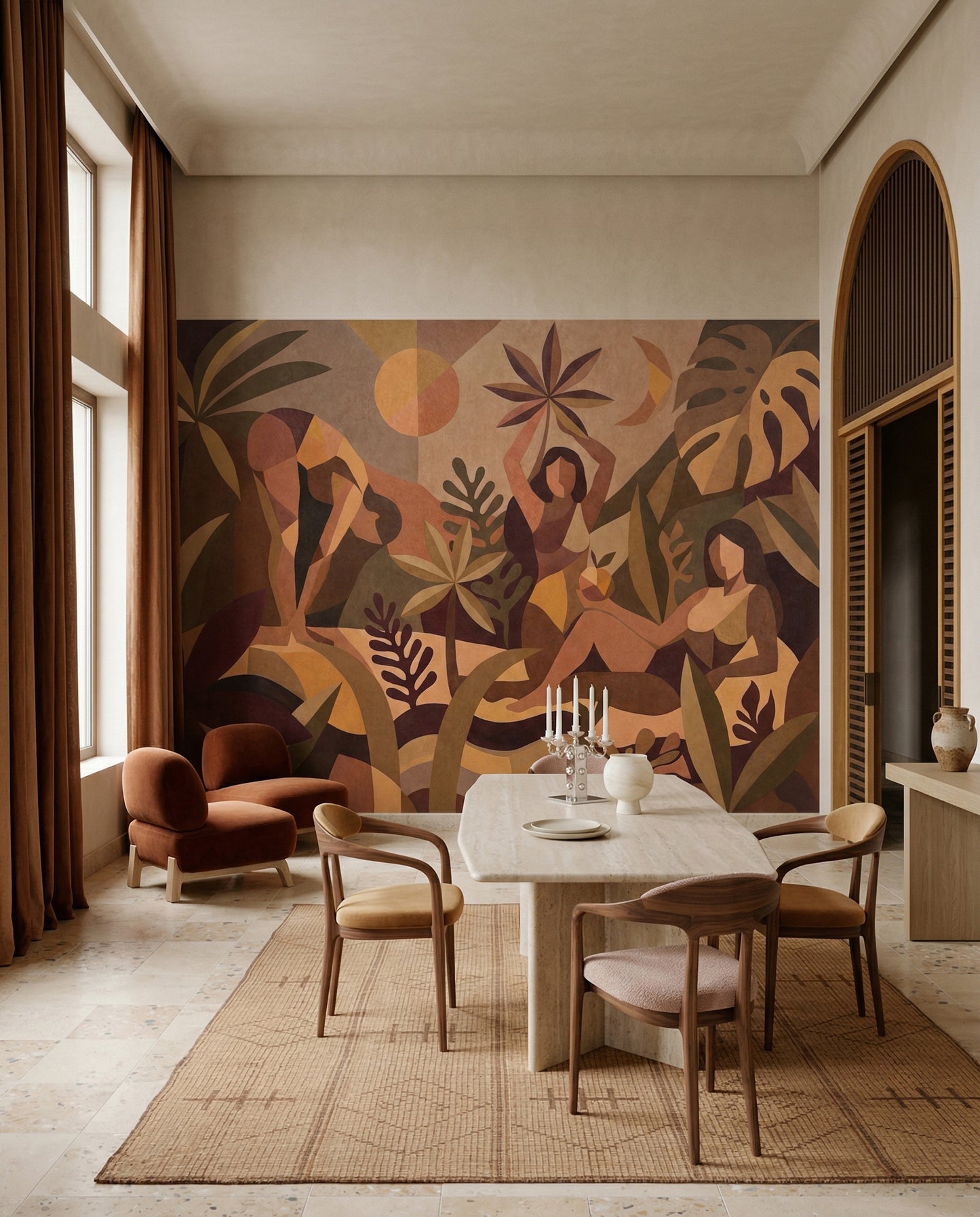 Dining room shifts to a folk garden mood with the Amber Flora wall mural overhead.