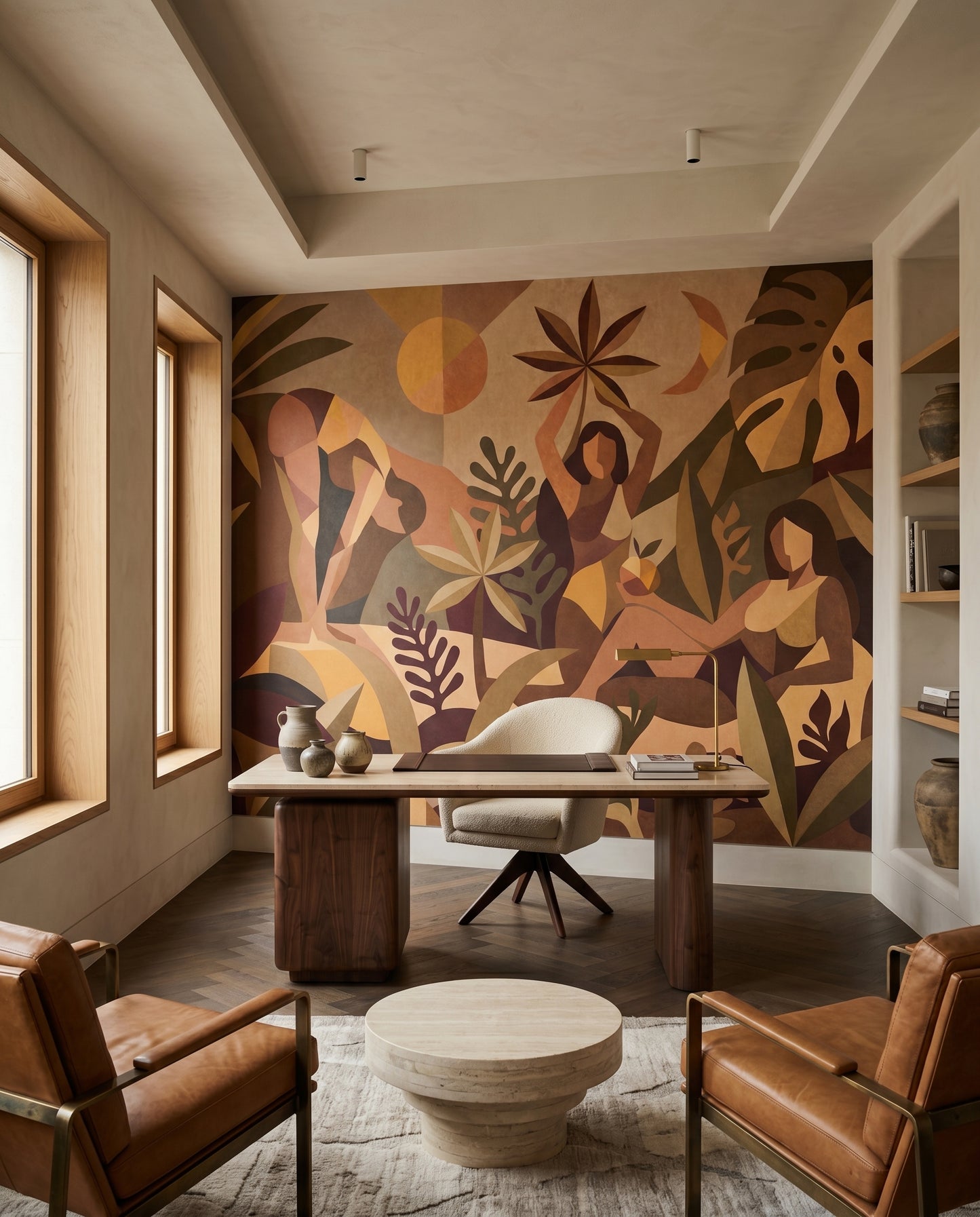 Home office opens to palms, sun and moon on the Amber Flora wall mural.