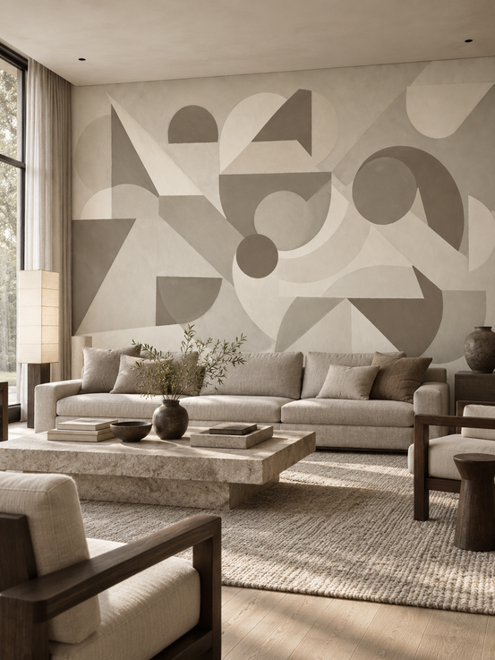 Geometric wallpaper mural behind a low beige sofa and a stone coffee table GD13857
