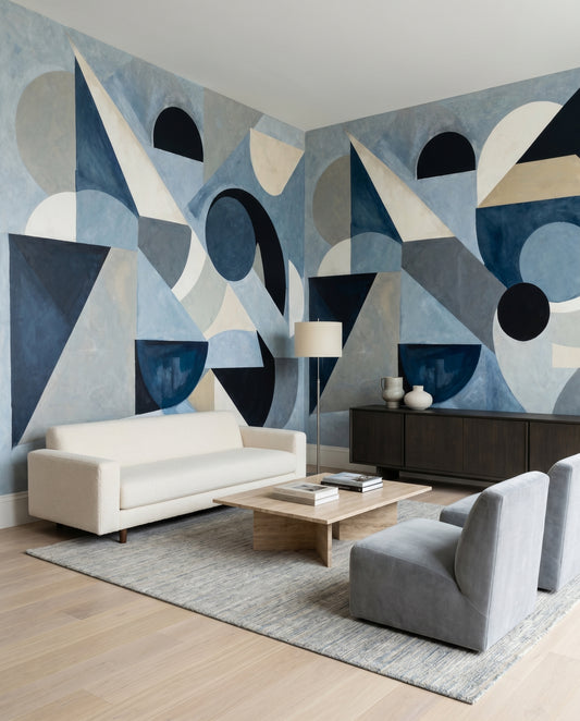 Living room glows under the Avant Pulse wall mural's navy and cream geometry.