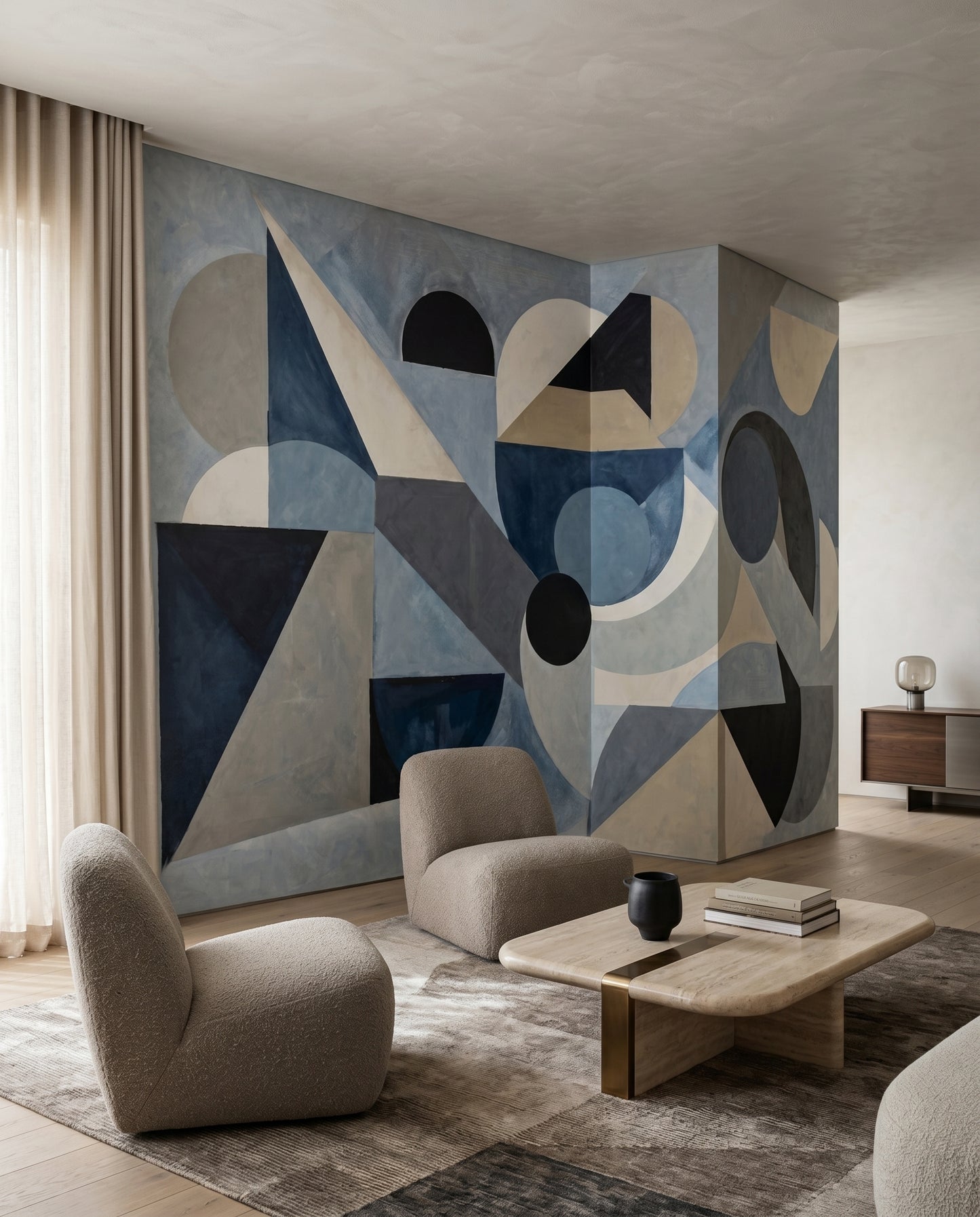 Living room layered with circles and triangles from the Avant Pulse wall mural.
