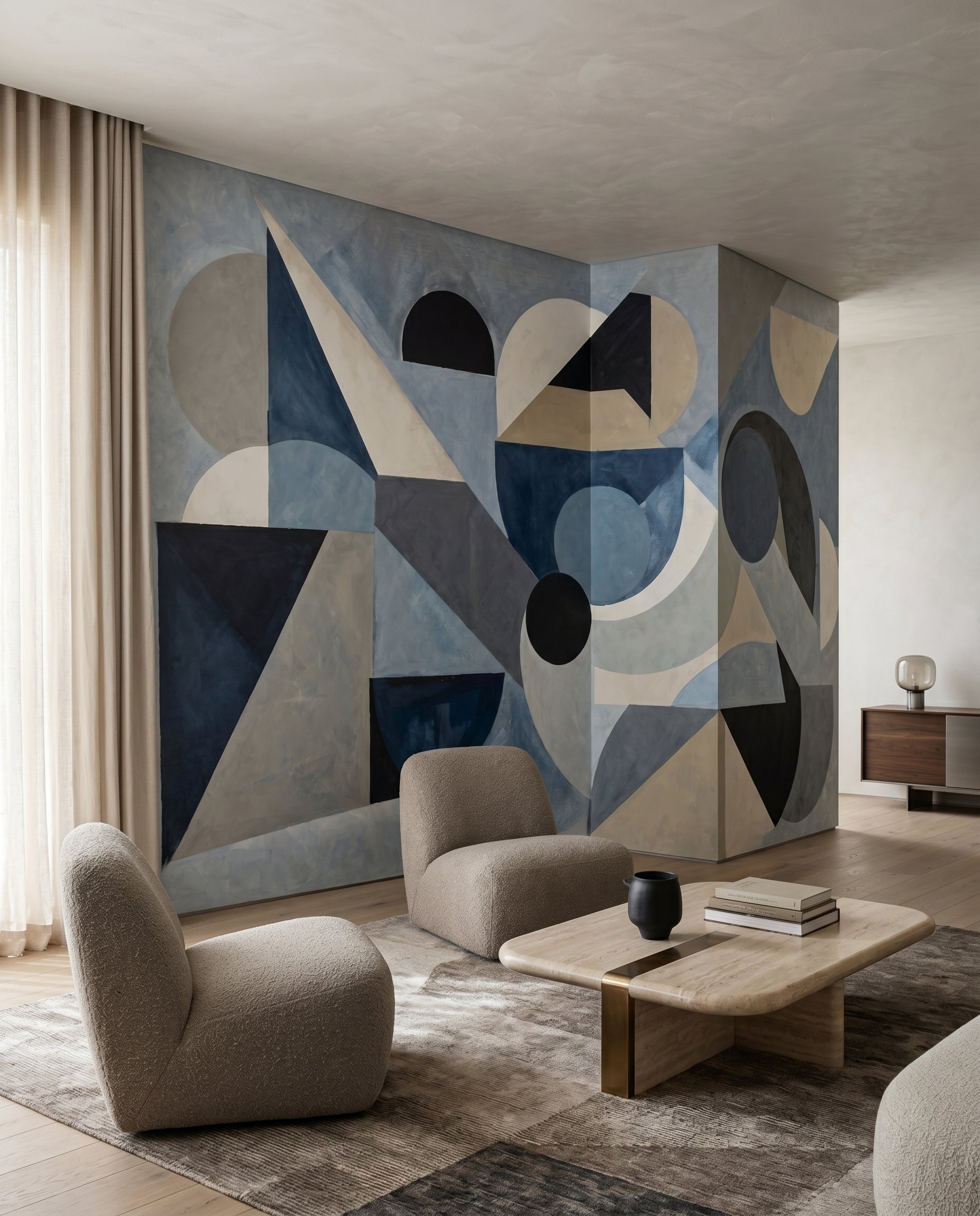 Living room layered with circles and triangles from the Avant Pulse wall mural.