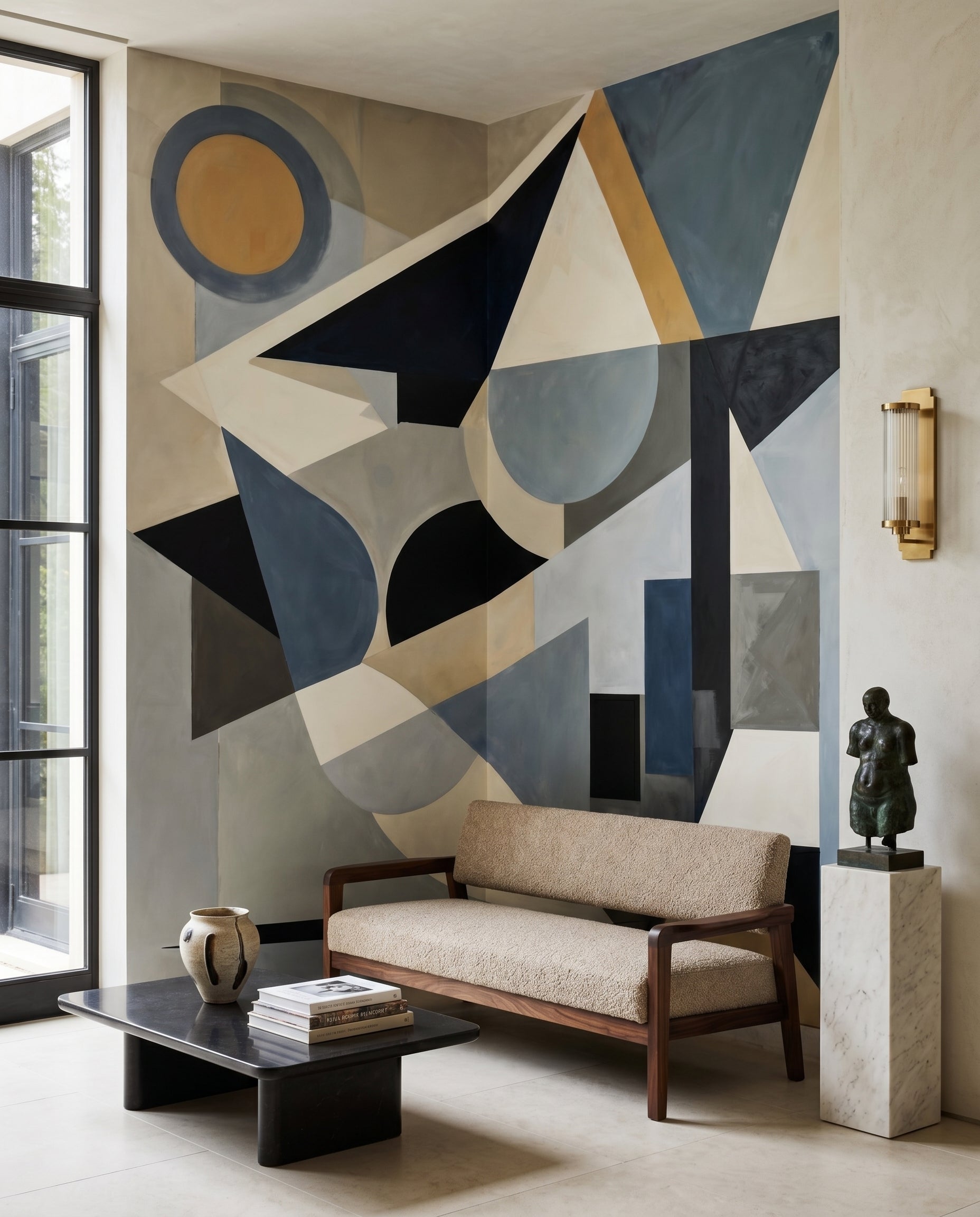 Living room corner carries the Avant Construct wall mural in muted blue and gold tones