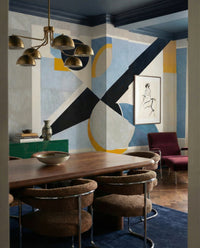 Dining area mood lifted by the Avant Signal wall mural in a calm modernist palette