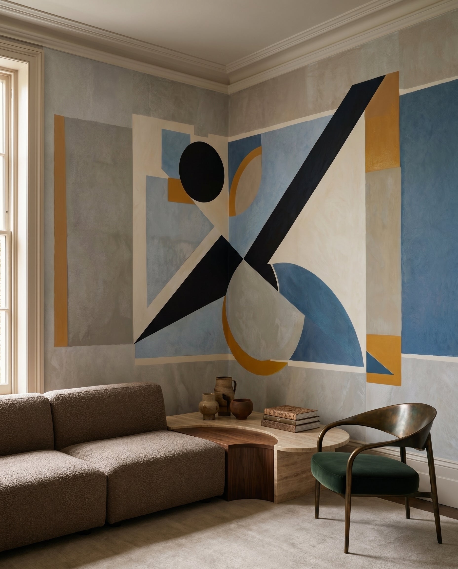 A lounge gets its graphic edge from the Avant Signal wall mural with bold ochre