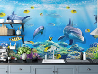 Underwater Sea Dophine Wall Wallpaper Mural - Giffywalls
