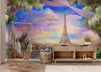 Balcony Eiffel Tower Pink Sunset Wallpaper Mural - Giffywalls