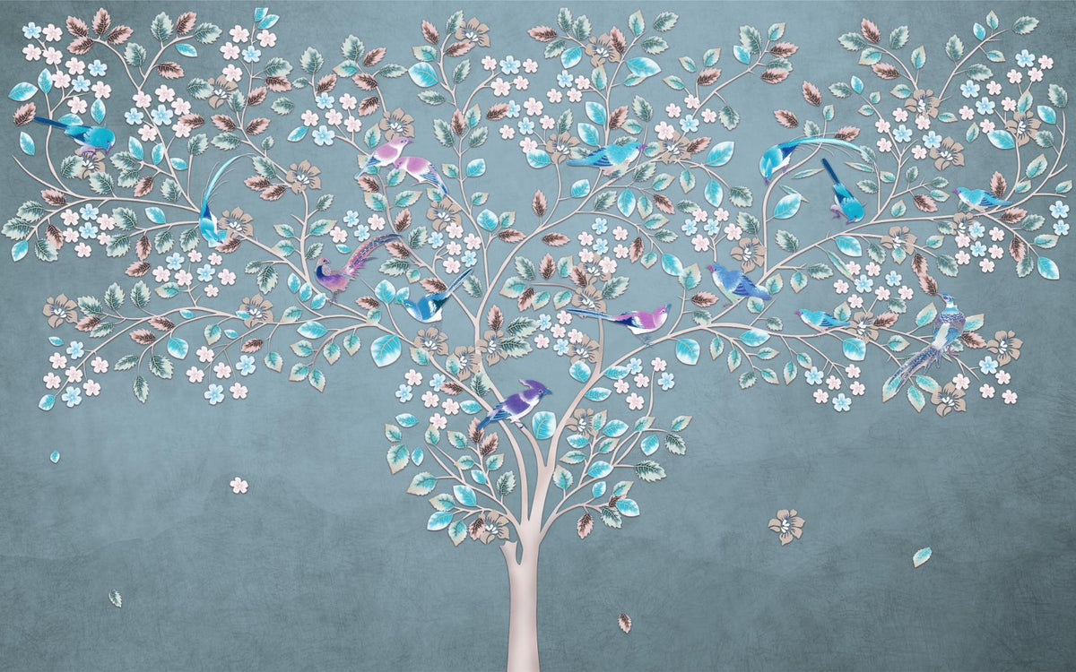 Blue and Green Leaves Birds Dark Spotty Wallpaper in your room — zoomed