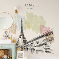 Parisian-themed wall mural with Eiffel Tower