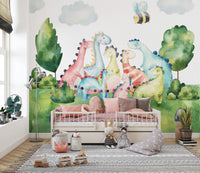 Kids mural featuring playful watercolor dinosaurs