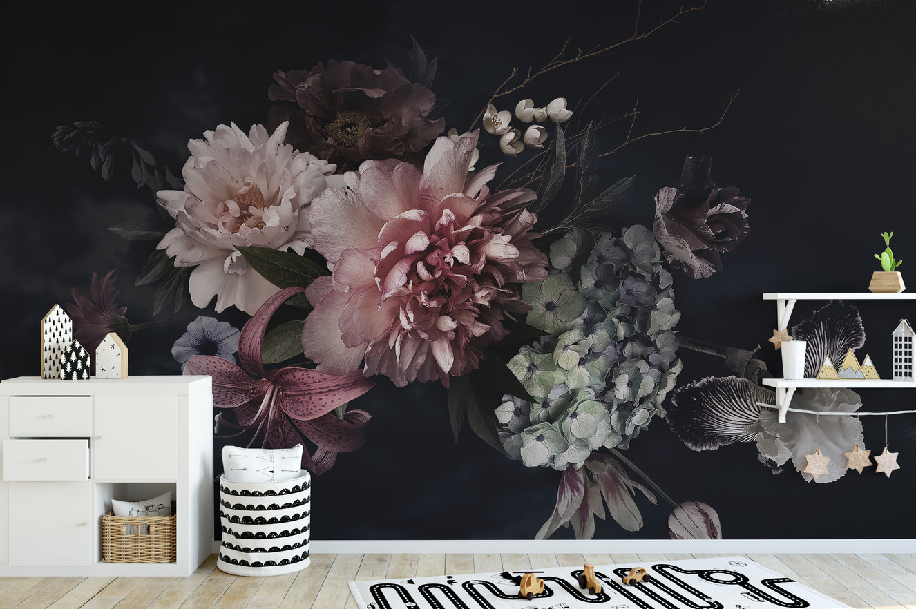 Vintage floral mural with dark background