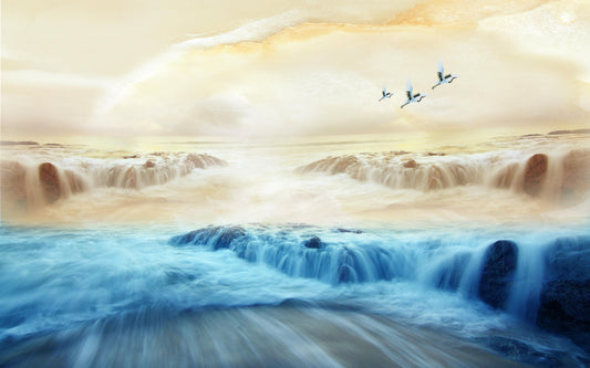Misty Mountains Sun Flock Cranes Sky Peel And Stick Mural