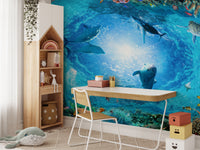 Playful underwater dolphin wallpaper art