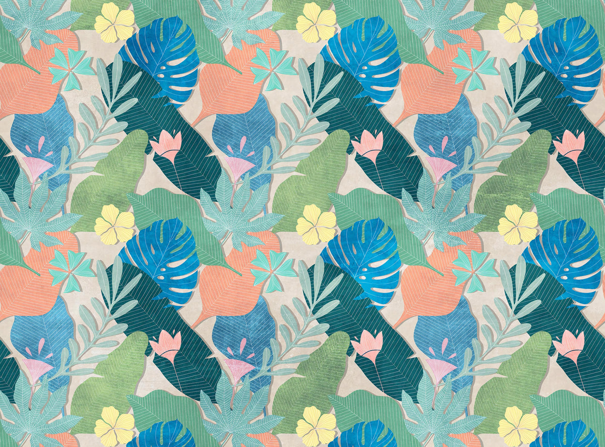 Tropical Leaf and Flower Wallpaper Mural in your room — zoomed