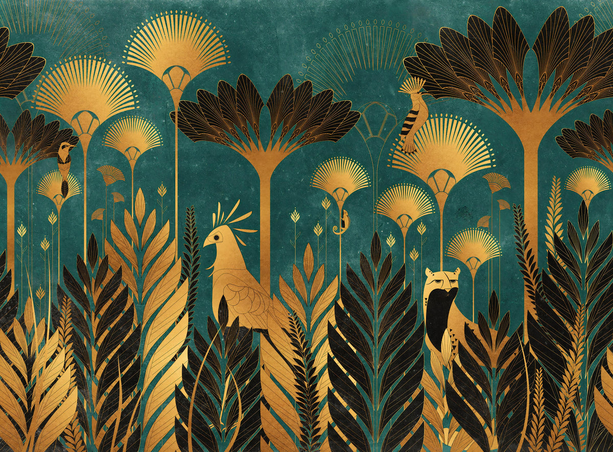 Teal Luxurious Art Deco Jungle Wallpaper in your room — zoomed