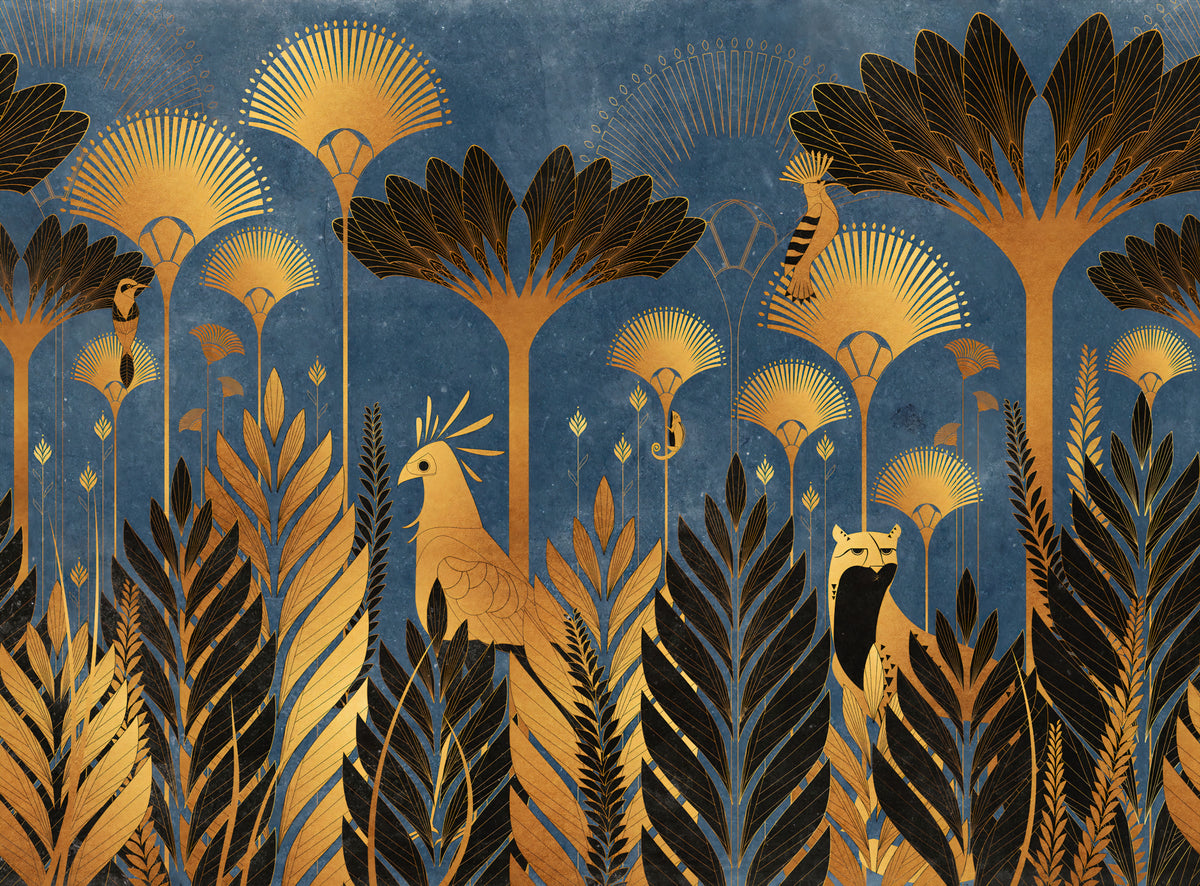 Blue Luxurious Art Deco Jungle Wallpaper in your room — zoomed