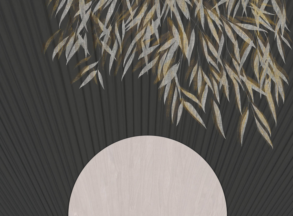 Black Textured Wallpaper with Golden Botanical Leaves in your room — zoomed